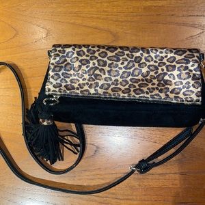 Black/Leopard Fold Over Clutch/Crossbody Bag in Like New Condition